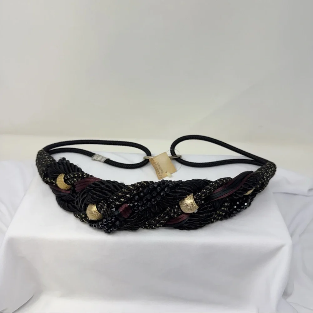 Vintage Braided Rope Belt Black Gold Beaded Statement Belt Boho